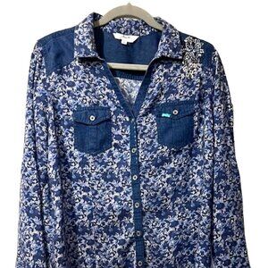 Jillian Blu Blue Floral Print Button-Down Western Shirt Long Sleeves Lace Detail